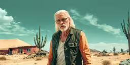 the man is standing near some trees in the desert