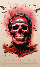 a skull wearing a helmet is surrounded by birds