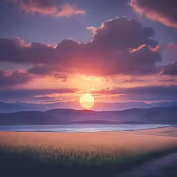the sun setting behind some mountains near water