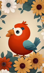 a red bird sitting on top of a branch with flowers around it