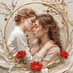 two girls are kissing in front of a floral wreath