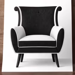 a black and white chair is on display in a room