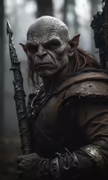 a troll dressed in leather holding two sticks