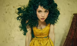 a girl with curly green hair looks into the distance