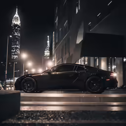a black car parked on the sidewalk near a tall building