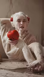 the woman is sitting on the floor holding a heart