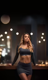 a beautiful woman posing in front of a counter