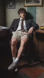 man in tie and shorts sitting on desk with feet up