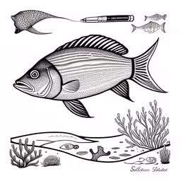 a drawing of a fish and another fish,a drawing of an adult fish and some underwater life,a fish with a pen in it