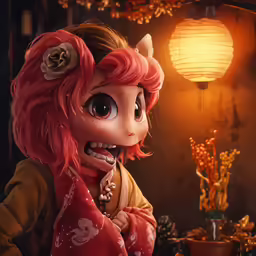 a person with pink hair and big eyes is standing