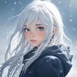 a woman with white hair and blue eyes poses in a snow covered field