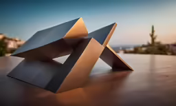 a sculpture sitting on a table with some buildings in the background