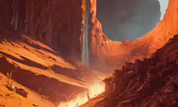 an orange landscape with large rocks and a waterfall