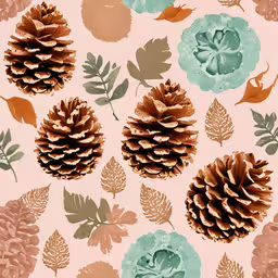 a white surface with many brown pine cones and leaves,the pine cones are on the pink wallpaper