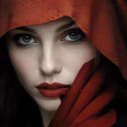 a woman with red lipstick and red shawl covering her face