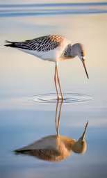 the bird is standing on the shore with his legs up