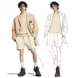 the man is wearing shorts, a sweater and boots