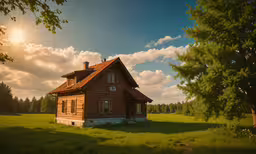 a house in the middle of a field during the day,a house is sitting alone in the middle of the forest
