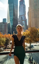 a woman in a green dress is posing in front of some buildings
