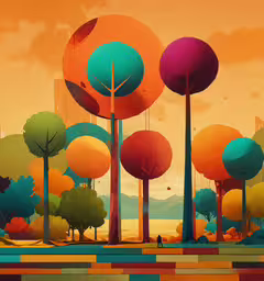 a digital painting shows a colorful landscape with trees,a painting of some sort with trees in the background