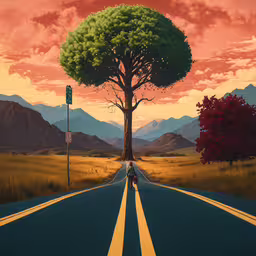 a painting of a road with a tree, mountains, and a man on a bike in the background,a small person rides down the middle of a road at sunset