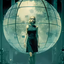 a female in a black dress walking down a runway