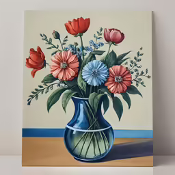 a picture of a flower vase with red, blue and pink flowers in it