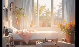 the sun is shining in a small bedroom