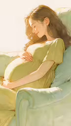 there is a pregnant woman laying on the couch,a pregnant woman sitting on a green couch