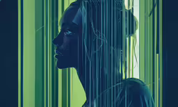 a digital image of a woman in front of lines,a woman with green lines is standing in front of her