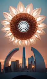 a huge white flower shaped object near a city