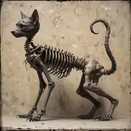 a cat skeleton in profile with a cat sitting in front
