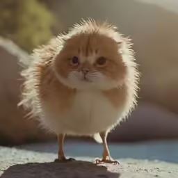 the fuzzy brown bird is perched on the sidewalk