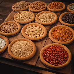 several wooden bowls filled with different types of cereal