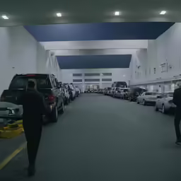 a person walks down an empty parking garage