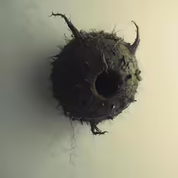 this is a large black ball with multiple pieces of soil inside