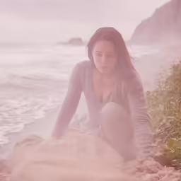 a woman on the beach looks down into sand