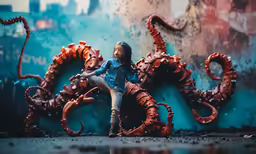 young child posing in front of a large orange octopus