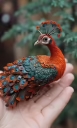 a close up of a person holding a fake peacock