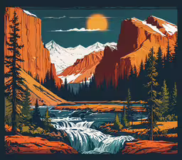 a waterfall running through a forest next to mountains,a view of the mountains and water flowing from it