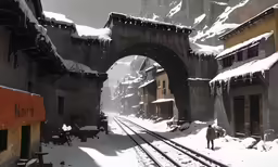 a railroad track under an arch in the snow