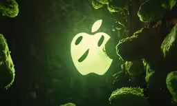 an apple sign in the dark on a green background