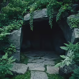 a large dark cave with stone steps surrounded by lush vegetation