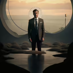 a man standing with a suit on in the middle of some landscape