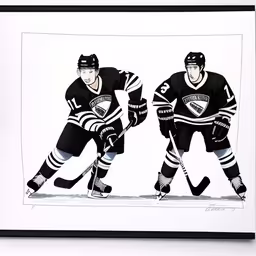 two black and white hockey players are on ice,two black and white paintings of ice hockey players