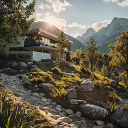 a house sits in the mountains surrounded by trees