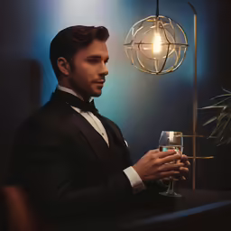 a young man dressed in a tuxedo holding a wine glass