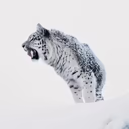 a snow leopard yawns out from the top of a snowy hill