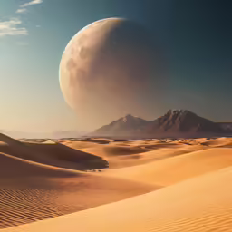 a desert landscape with an alien like moon