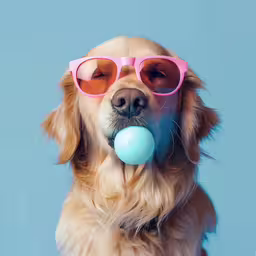 a dog in pink sunglasses and a ball,a dog with sunglasses and a ball in its mouth